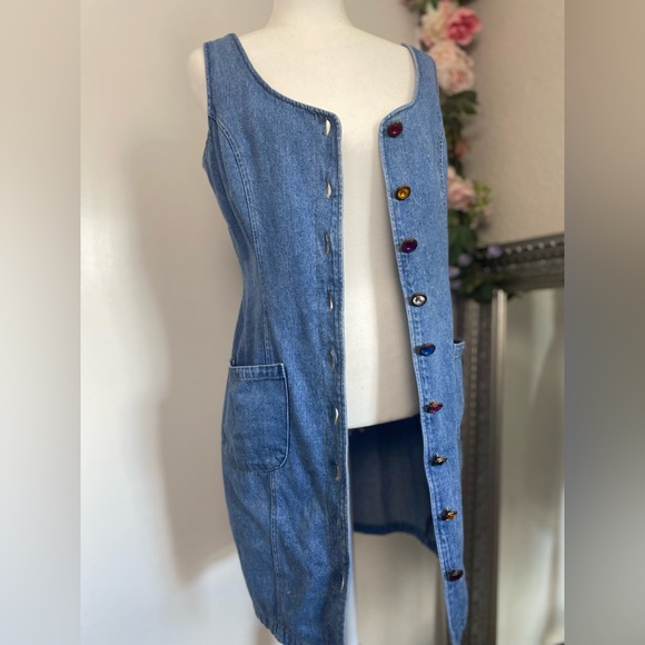 Vintage GOLD RUSH Denim Dress Jewel Buttons Size Medium - Picture 8 of 17